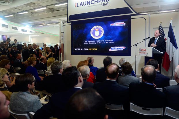 Acting Secretary of the Air Force Matthew Donovan addresses attendees at the opening ceremony at the USA Partnership Pavilion during the Paris Air Show, June 17, 2019. (U.S. Air Force photo/Eric Burks)