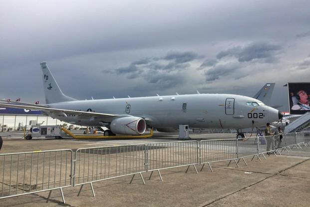A P-8 Poseidon from Navy Patrol Squadron 9, Naval Air Station Whidbey Island, on deployment in Europe stopped by the Paris Air Show June 17 -22. (Military.com/Oriana Pawlyk)