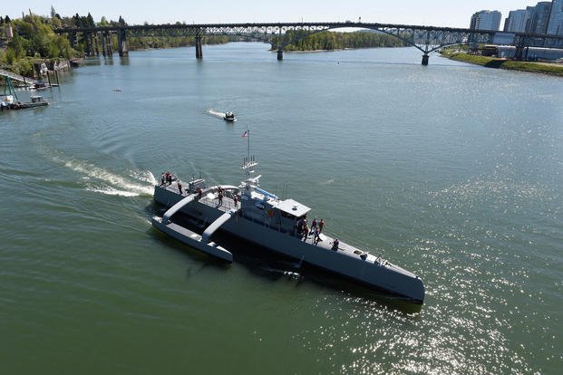 Sea Hunter, an entirely new class of unmanned ocean-going vessel gets underway on the Williammette River following a christening ceremony in Portland, Ore., Apr. 7, 2016. (U.S. Navy photo/John F. Williams)
