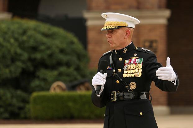 General David H. Berger, 38th Commandant of the Marine Corps, speaks to guests during a passage of command ceremony at Marine Barracks Washington, D.C., July 11, 2019. General Robert B. Neller relieved his duties as 37th Commandant of the Marine Corps to Gen. Berger. (U.S. Marine Corps photo by Sgt. Robert Knapp/Released)