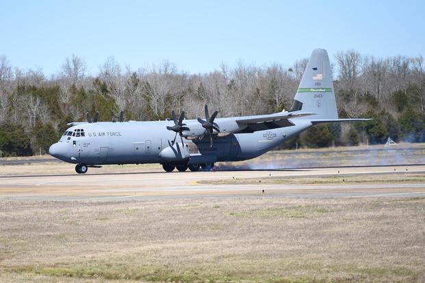 A C-130J from Channel Islands Air National Guard Station, California, lands at Little Rock Air Force Arkansas, March 15, 2019. (U.S. Air Force/Staff Sgt. Dana J. Cable)