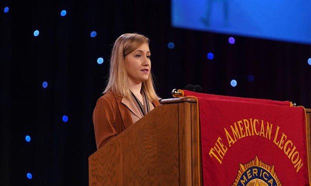 Military.com reporter Oriana Pawlyk addresses the American Legion National Convention Aug. 29, 2019, after receiving the 4th Estate Award for her reporting on prophylactic medication for Air Force pilots (American Legion) 