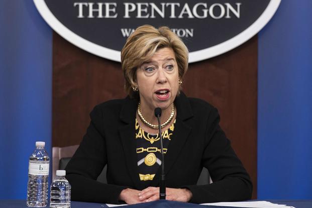 Under Secretary of Defense for Acquisition and Sustainment Ellen M. Lord holds a press briefing to update media on acquisition, reform and innovation at the Pentagon on Aug. 26, 2019. (DoD photo by U.S. Navy Petty Officer 2nd Class James K. Lee)