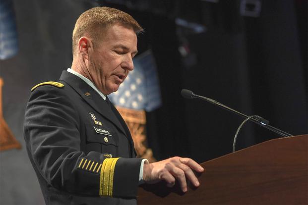 Vice Cheif of Staff of the U.S. Army Gen. James C. McConville speaks during the Medal of Honor Plaque ceremony, at the Pentagon, Arlington, Va., March 28, 2019. (U.S. Army/Spc. James Harvey)