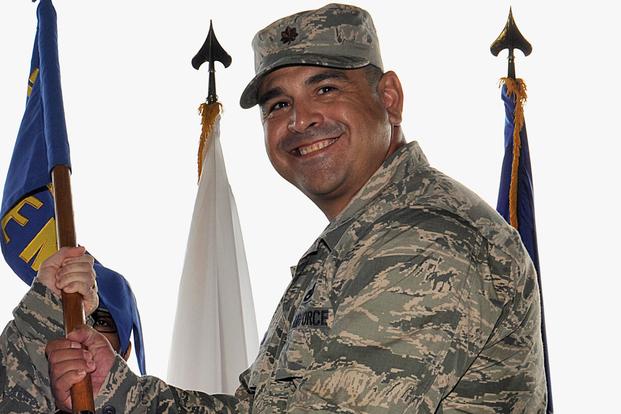 Then Maj. Pete Leija receives the 18th Equipment Maintenance Squadron during a change of command ceremony on Kadena Air Base, Japan, June 30, 2015. (U.S. Army/Naoto Anazawa)