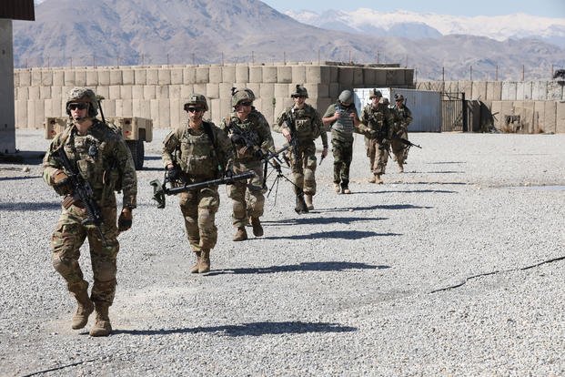 Soldiers from the 1-108th Cavalry Regiment of the 48th Infantry Brigade Combat Team move to a meeting site during a key leader engagement in Kapisa Province, Afghanistan, February 16th, 2019. (U.S. Army photo/Jordan Trent)