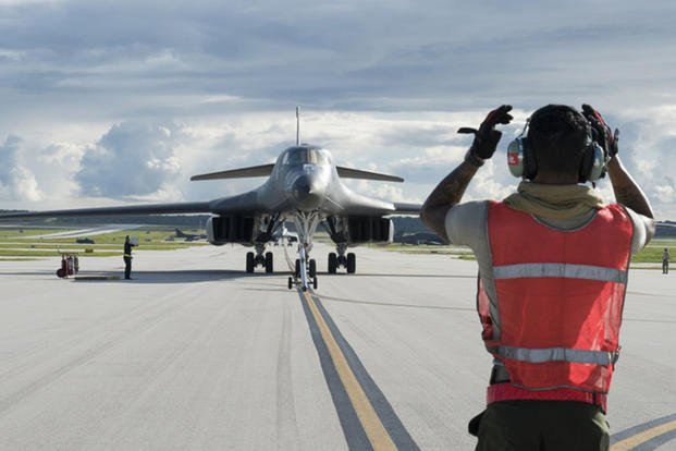 A U.S. Air Force B-1B Lancer arrives at Andersen Air Force Base, Guam. 