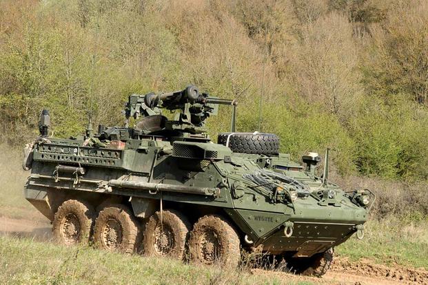 A Common Remote Weapons Station-Javelin (CROWS-J) is mounted on a Stryker infantry carrier while undergoing operational testing with the 4th Squadron, 2nd Cavalry Regiment, at the Joint Maneuver Readiness Center in Hohenfels, Germany, in 2018. Army photo