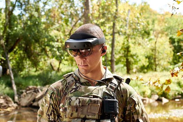 A soldier tries on a prototype of the Army’s Integrated Visual Augmentation System (IVAS) during a soldier touch point evaluation that began at Fort Pickett, Virginia, on Oct. 28, 2019. U.S. Army Futures Command photo