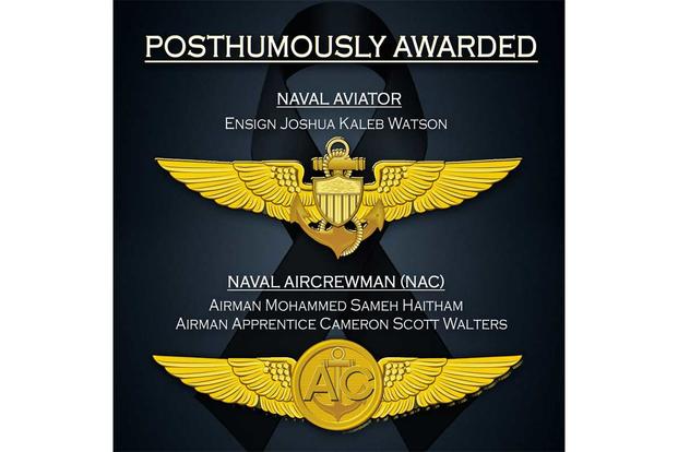 A graphic depiction of the Naval Aviator and Naval Aircrewman pins posthumously awarded by Secretary of the Navy, Thomas B. Modly, to the victims of the Naval Air Station Pensacola shooting Dec. 6, 2019. (U.S. Navy/Mass Communication Specialist Paul Archer)