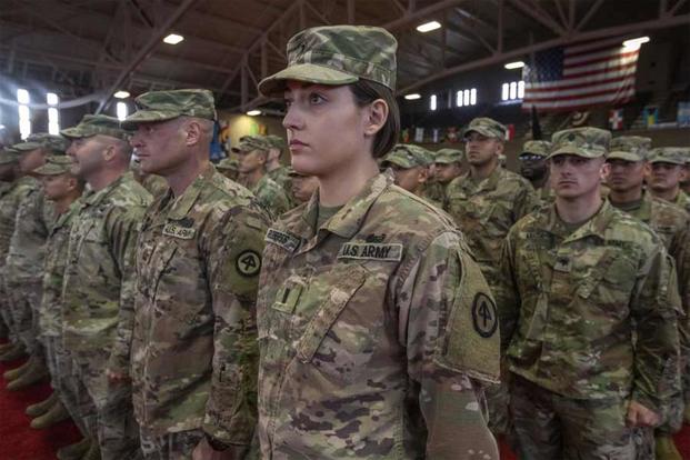 U.S. Army 1st Lt. Rebecca L. Roberts is introduced during a welcome home ceremony for the 167 New Jersey Army National Guard Soldiers at the National Guard Armory in Teaneck, N.J., Dec. 6, 2019. (New Jersey National Guard/Mark C. Olsen)