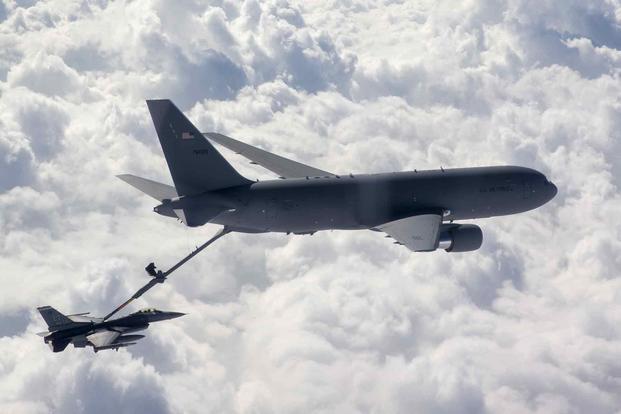 A F-16 receives fuel from a KC-46 Pegasus.