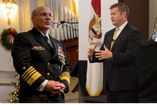 The secretary of the Army, Ryan McCarthy (right), disagreed with statements by the chief of naval operations,  Adm. Mike Gilday (left), that the Navy should get a bigger piece of the Pentagon's defense budget. (Photos: U.S. Navy/U.S. Army)