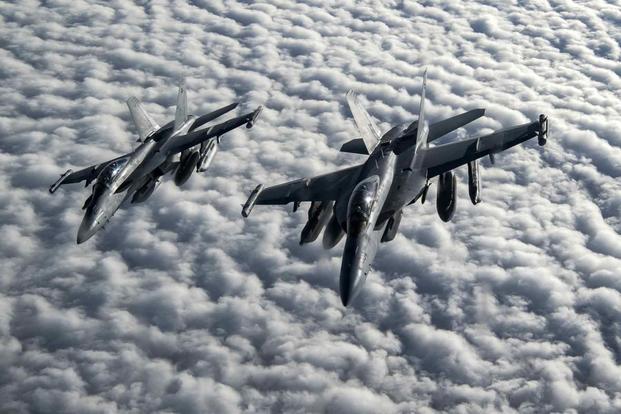 Two U.S. Navy EA-18G Growlers fly over Afghanistan, Jan. 23, 2020.. (U.S. Air Force/Staff Sgt. Matthew Lotz)