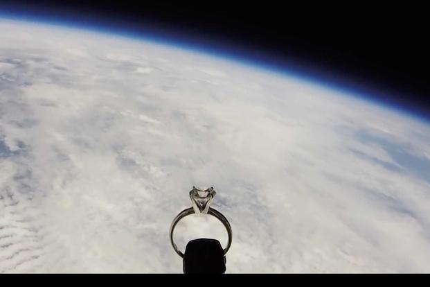 A proposal ring floats in the atmosphere above Earth on Aug. 31, 2019. Capt. Stuart Shippee, assigned to Whiteman Air Force Base, Missouri, symbolically launched an imitation engagement ring from Missouri to propose to his girlfriend Marie Lisman. (Photo: U.S. Air Force/Staff Sgt. Sadie Colbert)