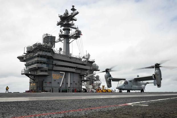 An MV-22 Osprey takes off from the aircraft carrier USS Theodore Roosevelt.