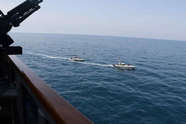 Iranian Navy vessels cross the bows and sterns of U.S. Military ships while operating in the North Arabian Gulf.