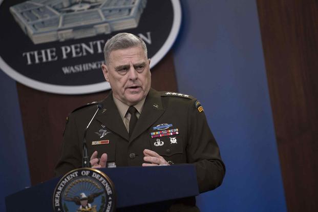 Chairman of the Joint Chiefs of Staff Army Gen. Mark A. Milley speak to reporters at the Pentagon