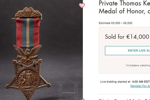 The Medal of Honor awarded to Pvt. Thomas Kelly was sold for 14,000 Euros by auction house Hermann-Historica. 