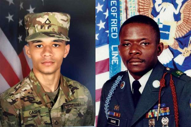 Pfc. Andrew Cashe, left, and Sgt. 1st Class Alwyn Cashe, right. 