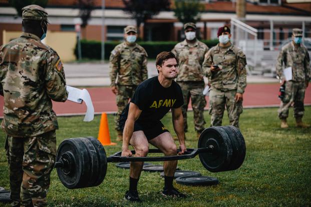 U.S. Army medic paratroopers participate in an Army Combat Fitness Test on Caserma Del Din, Italy.