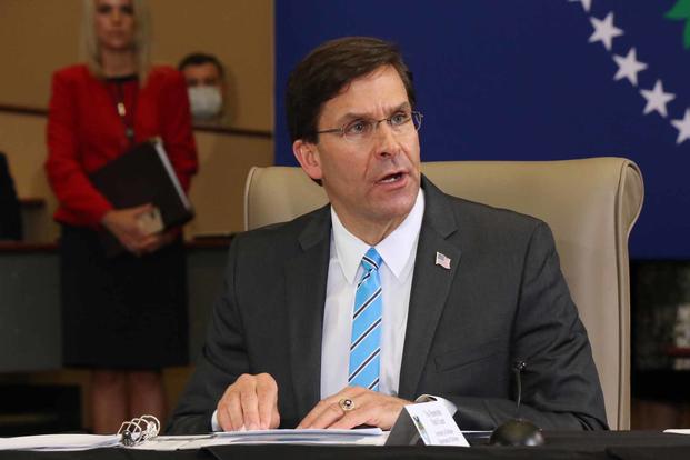 Defense Secretary Dr. Mark T. Esper speaks during a briefing at U.S. Southern Command headquarters,