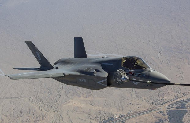 An F-35B Lightning II Joint Strike Fighter with Marine Fighter Attack Squadron 121, 3rd Marine Aircraft Wing, refuels during a fixed-wing aerial refueling training