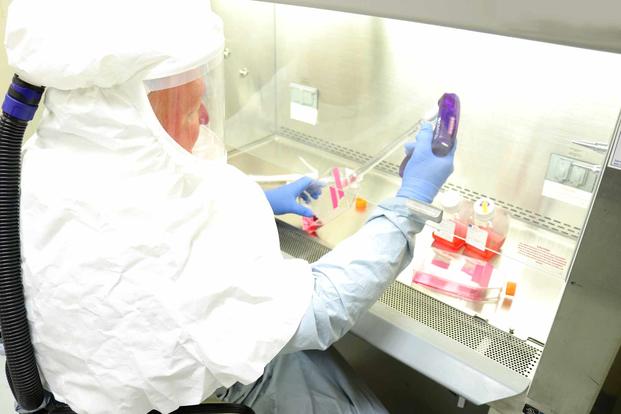A research microbiologist harvests samples of coronavirus.