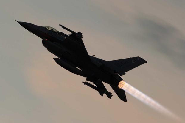 An F-16 Fighting Falcon takes off for a training sortie.