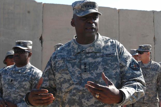 Gen. Lloyd Austin, then-commanding general for United States Forces-Iraq, speaks to soldiers in Iraq in 2011