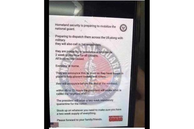 Hoax flyer warning of imminent National Guard mobilization.