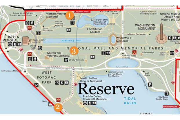 A map of the proposed locations for the Global War on Terror Memorial. 