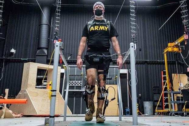 U.S. Army Sgt. Maj. Luke Blum walks with ExoBoot technology.