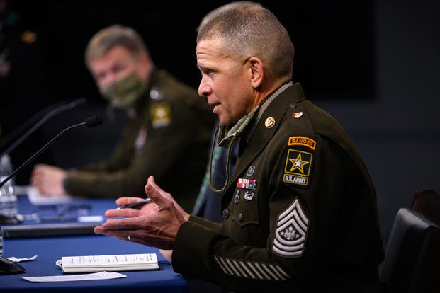 Sergeant Major of the Army Michael A. Grinston speaks at a media briefing at the Pentagon