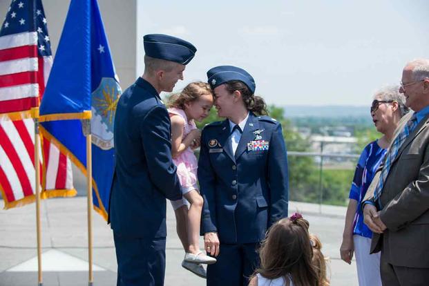 Air Force officer celebrates her promotion.