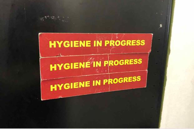 “Hygiene in Progress” signs Marine Corps Recruit Depot San Diego, California. 