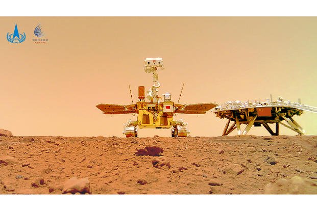 Chinese Mars rover Zhurong is seen near its landing platform taken by a remote camera