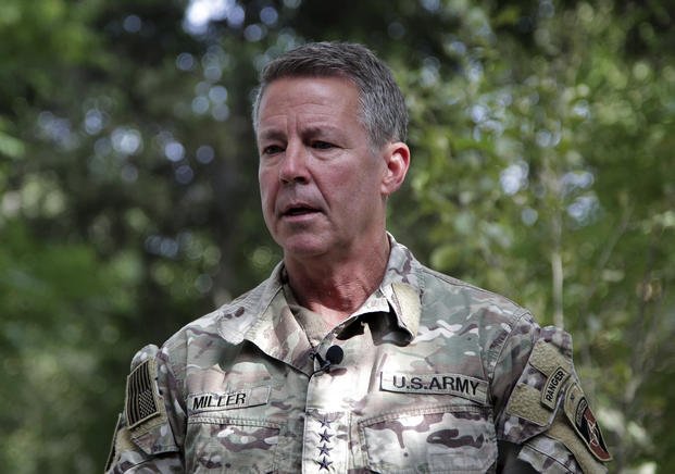 U.S. Army Gen. Austin S. Miller speaks at the Resolute Support headquarters, in Kabul, Afghanistan