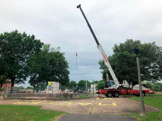 A heavy crane to help dig up the remains of former Confederate Gen. Nathan Bedford Forrest.