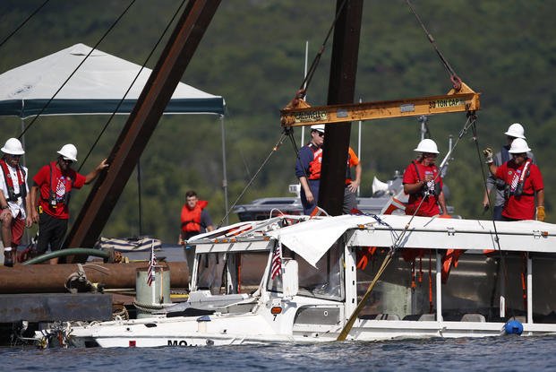 A duck boat that sank in Table Rock Lake in Branson, Missouri, is raised.