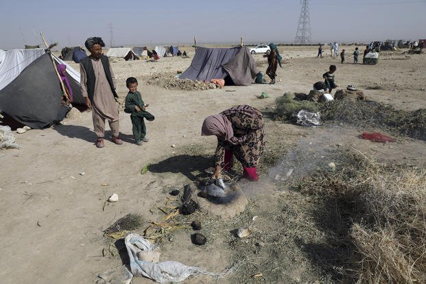Afghan woman who fled her home burns thorny twigs to make tea