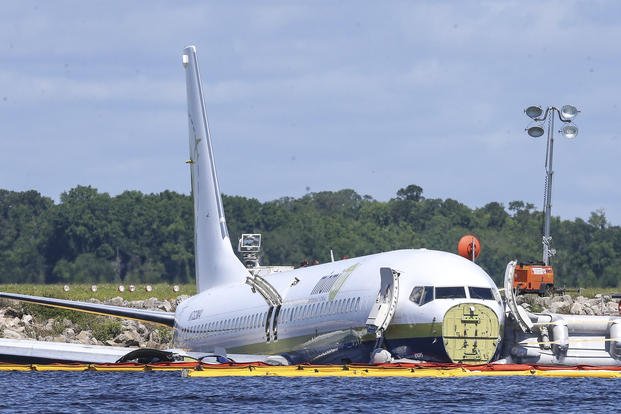 Charter plane carrying 143 people sits in a river