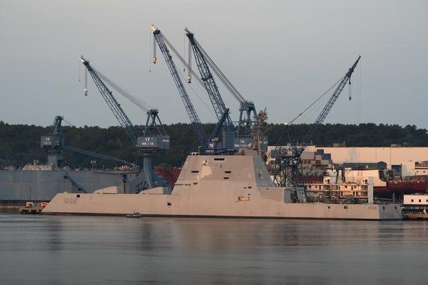 The USS Lyndon B. Johnson is docked at Bath Iron Works in Maine.