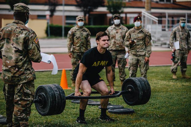 Paratrooper takes part in Army Combat Fitness Test.