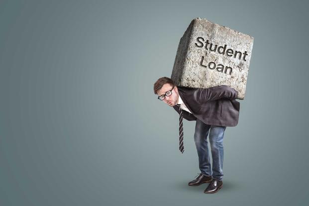 Man with large block on back labeled "Student Loan" signifying onus of debt