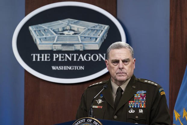 Joint Chiefs Chairman Gen. Mark Milley pauses during a briefing at the Pentagon. 