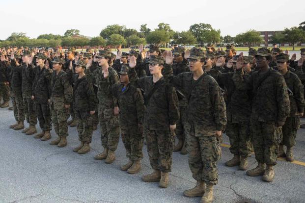 Recruits repeat the oath of enlistment at Parris Island