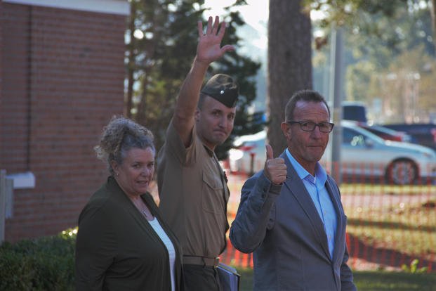 Lt. Col. Stu Scheller leaves court-martial.