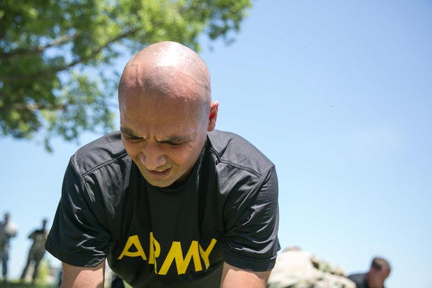 An Army sergeant does push-ups during a Best Warrior competition.