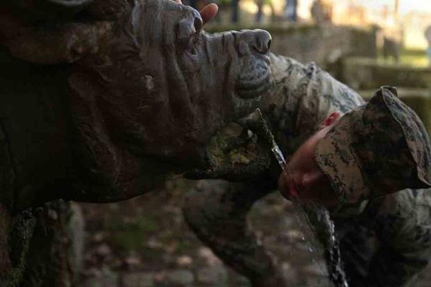 Marine drinks from Devil Dog Fountain in France